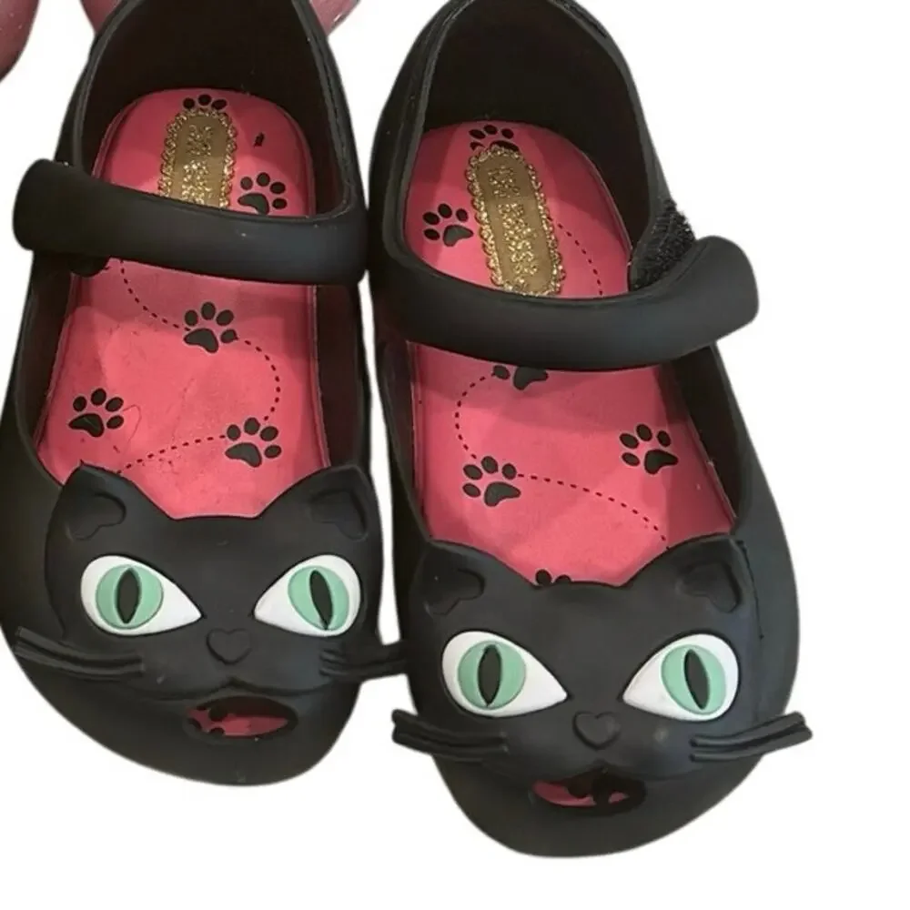 Mini Melissa Black Cat Mary Jane Shoes Toddler Size 7C Kitty Ballet Flats